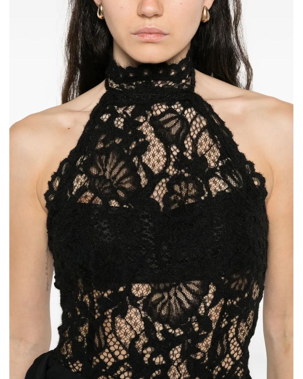 MANURI Black Floral-Lace Halterneck Top