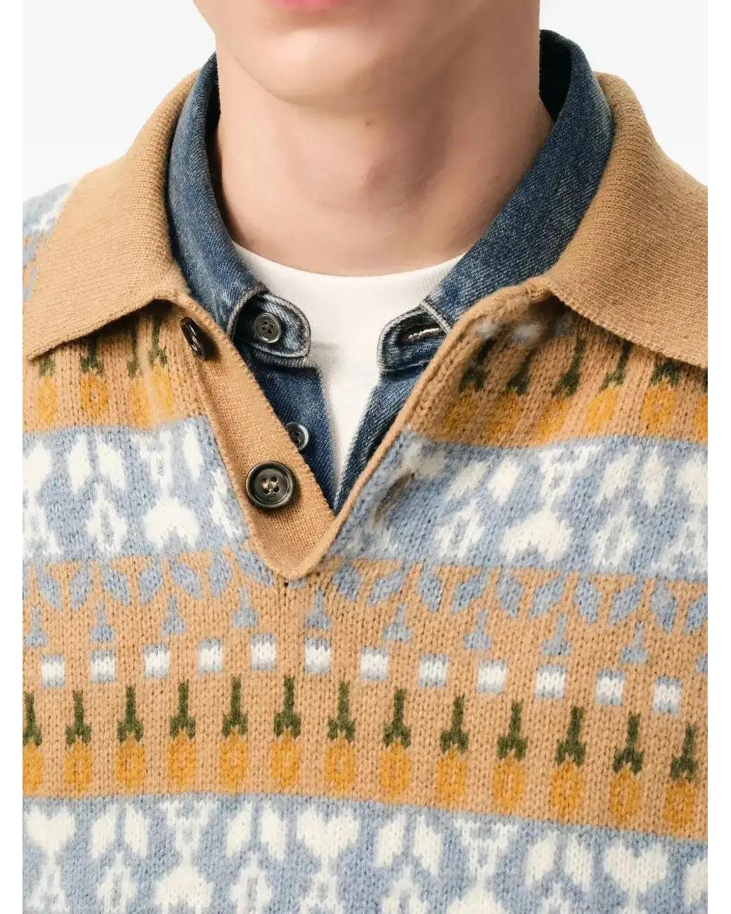 AMI Natural Holiday Capsule Fair Isle-Knit Polo Sweater
