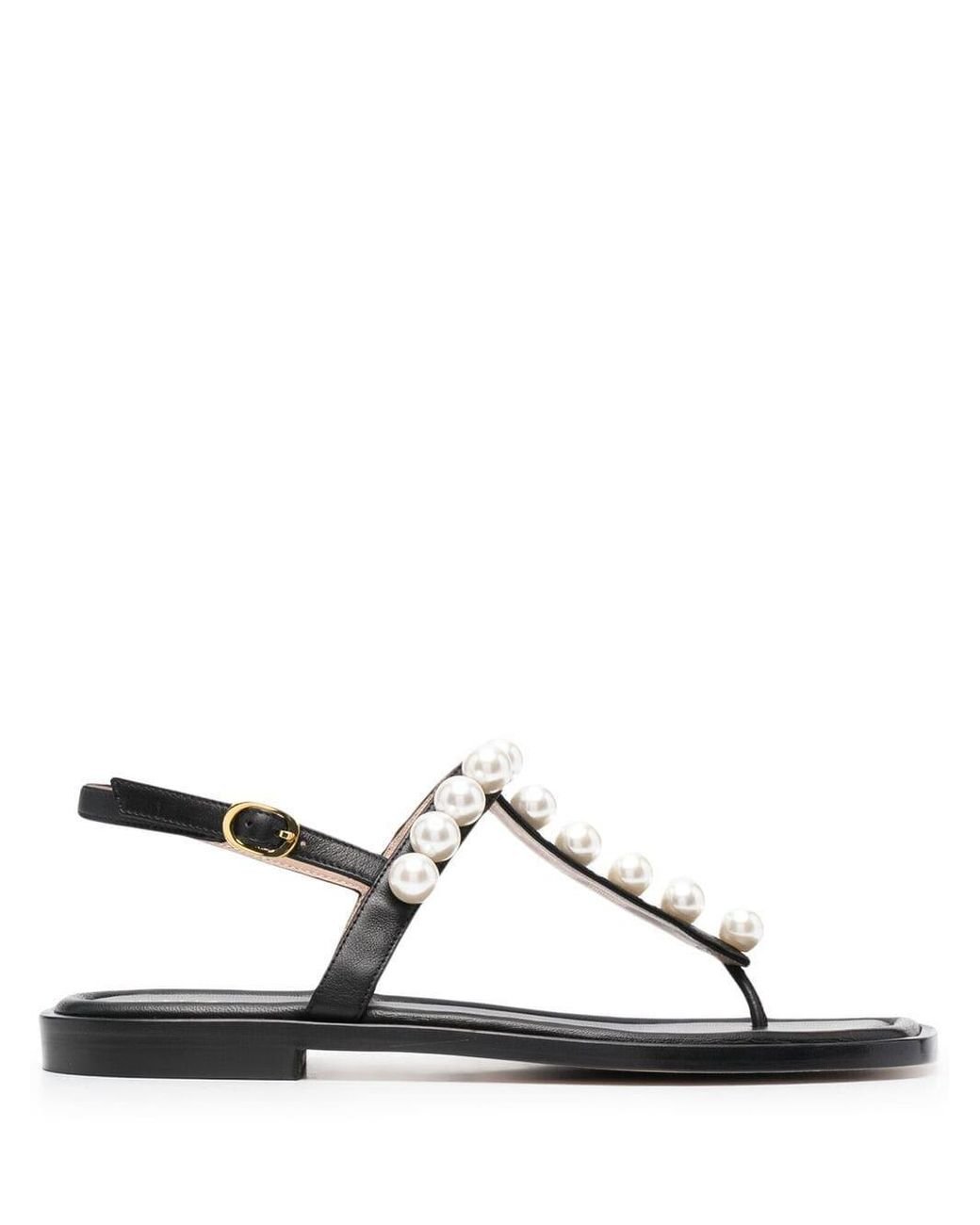 Stuart Weitzman Leather Goldie 15mm Pearl-embellished Sandals in Black ...