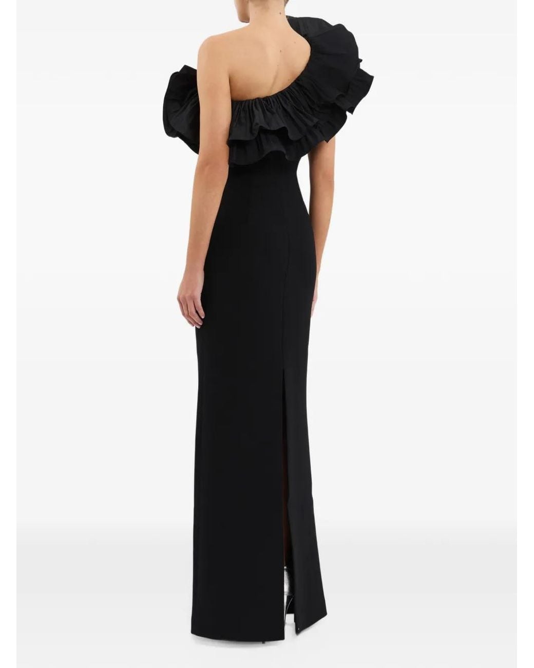 Rebecca Vallance Black Ella Ruffle-Detail One-Shoulder Gown