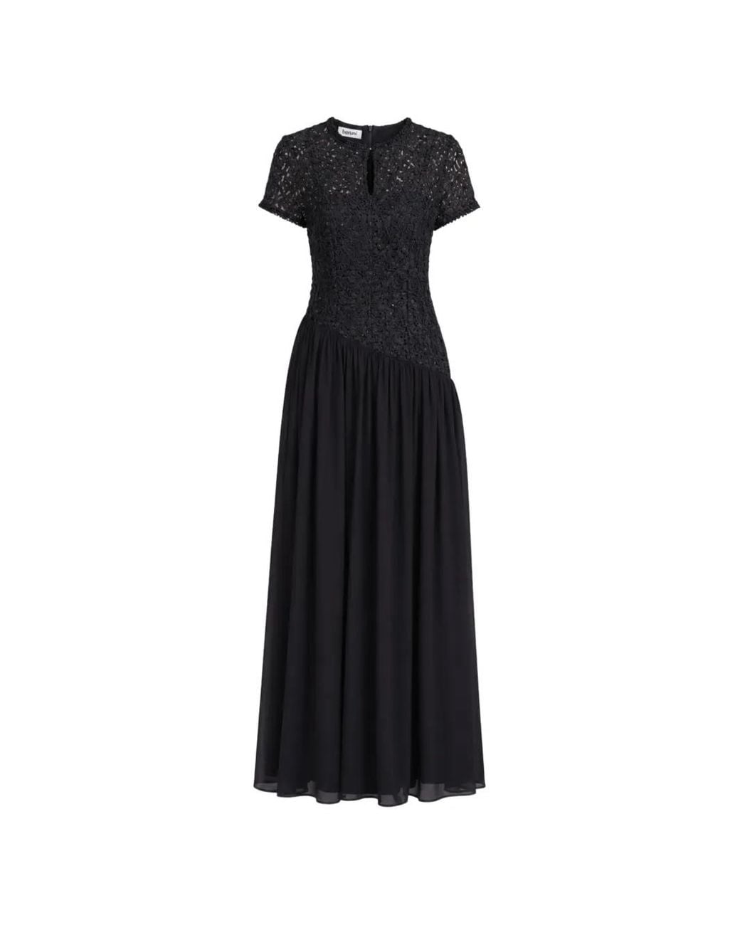 Baruni Black Zaina Guipure Lace-Bodice Pleated Maxi Dress