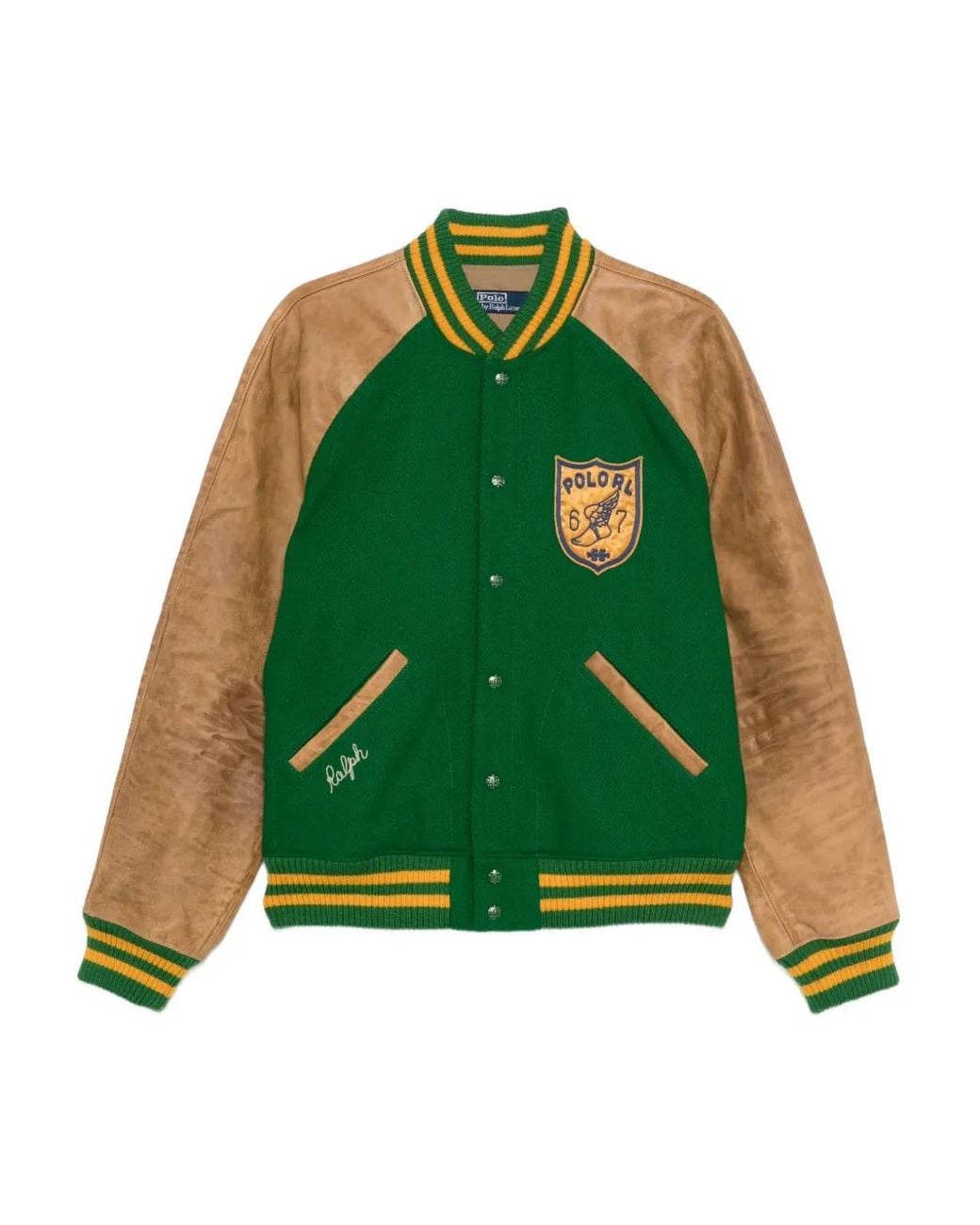 Polo Ralph Lauren Green Leather-Sleeved Varsity Jacket for men