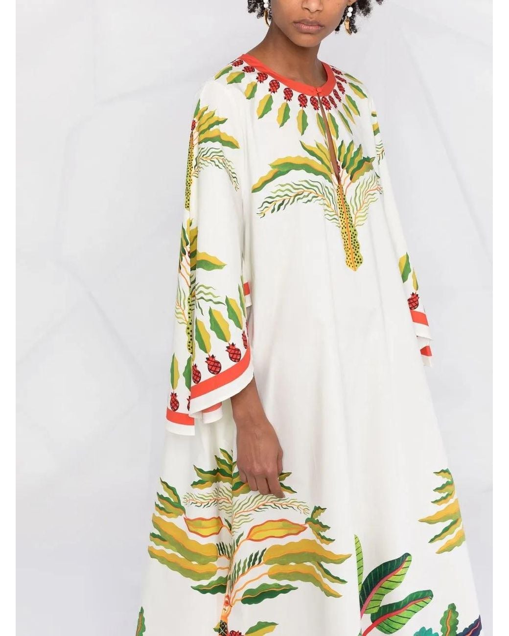 LaDoubleJ White Flying Palm Tree-Print Poplin Kaftan Dress