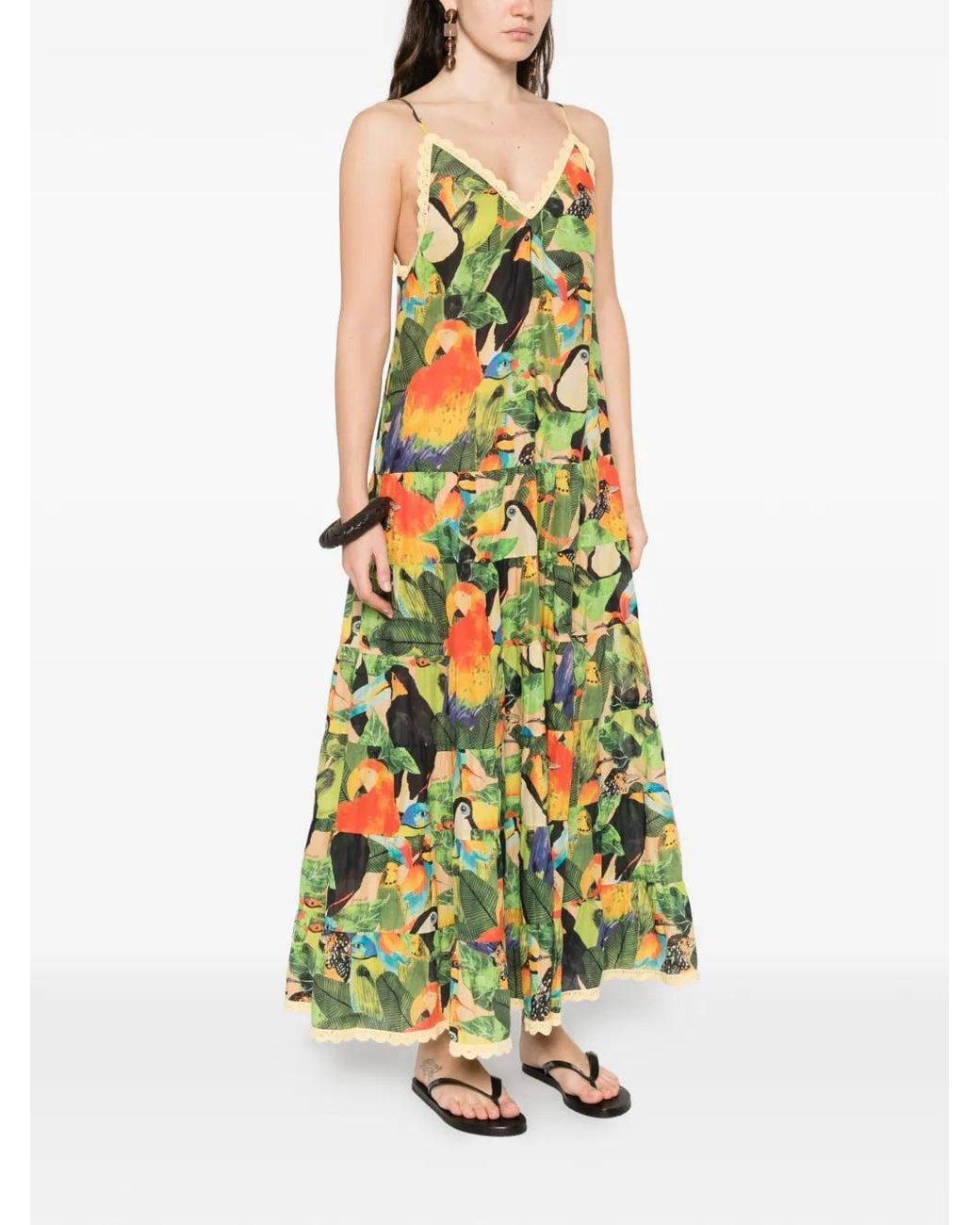 Farm Rio Bird Pattern FARM Rio Bird Leaves Ruffled Maxi Dress in White | Lyst