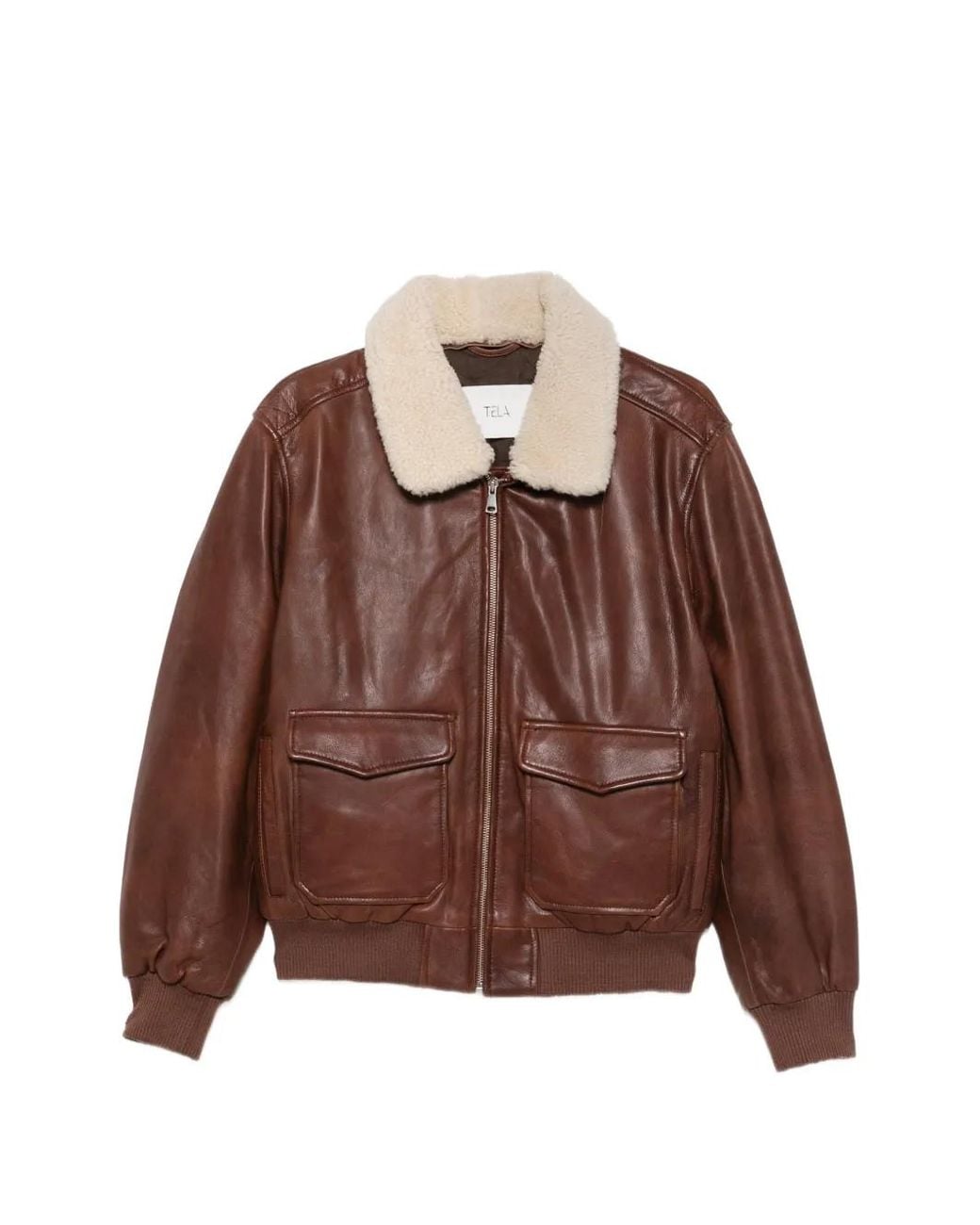 Tela Brown Shearling-Collar Leather Jacket