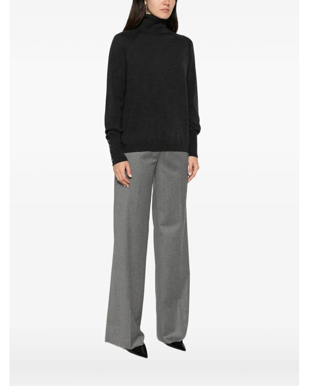 Alpha Studio Black Button-Cuff Roll-Neck Sweater