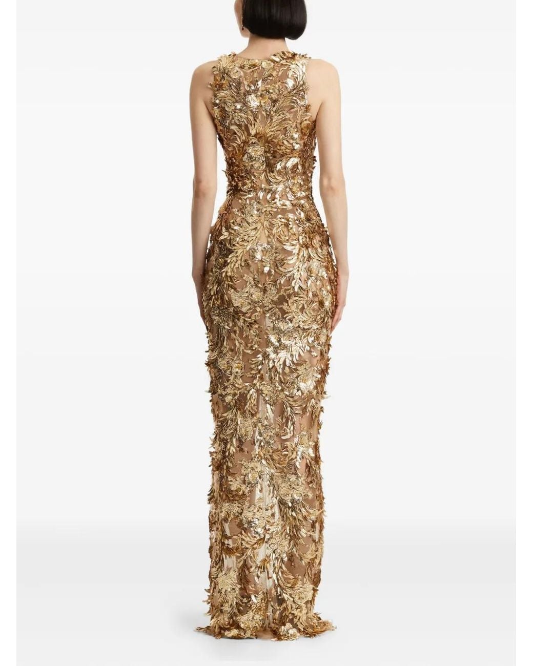 Oscar de la Renta Metallic Feather-Embellished Maxi Dress