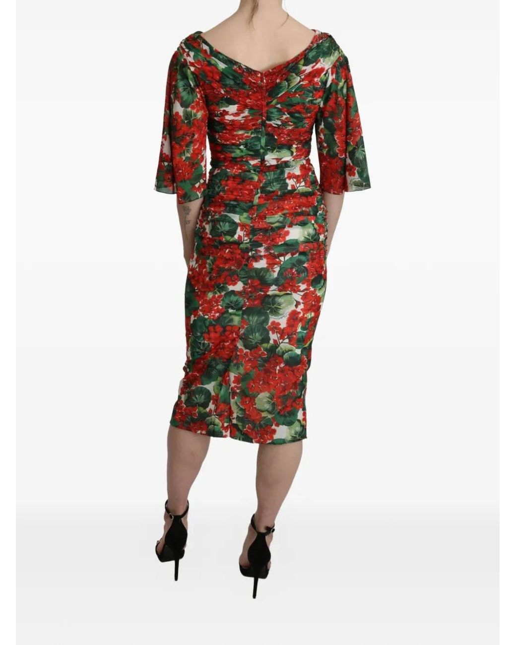 Dolce & Gabbana Red Floral-Print Ruched Dress