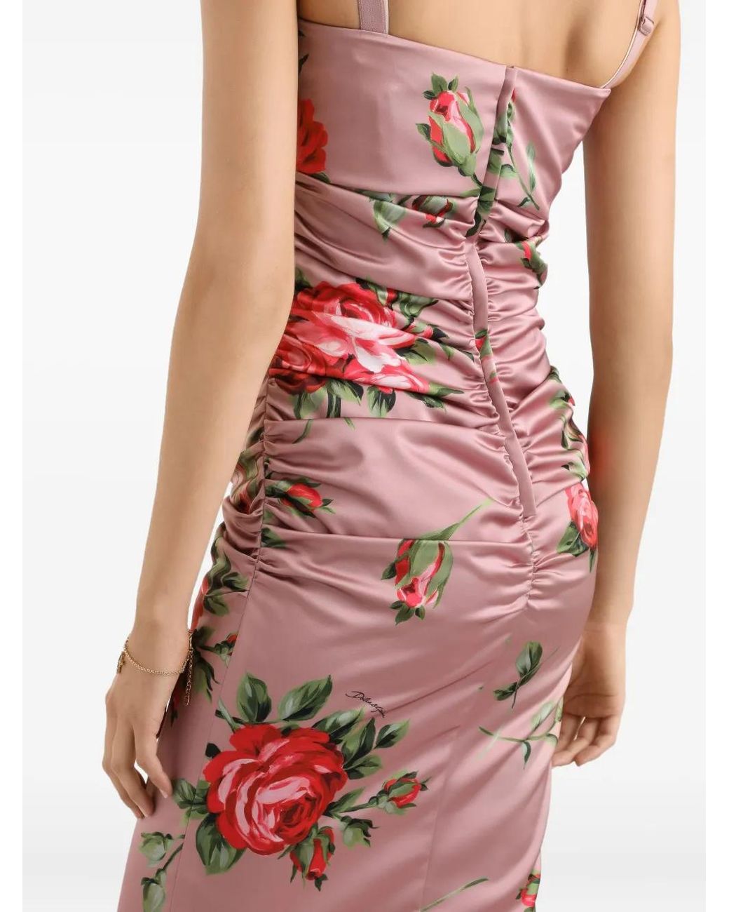 Dolce & Gabbana Red Floral-Print Ruched Midi Dress