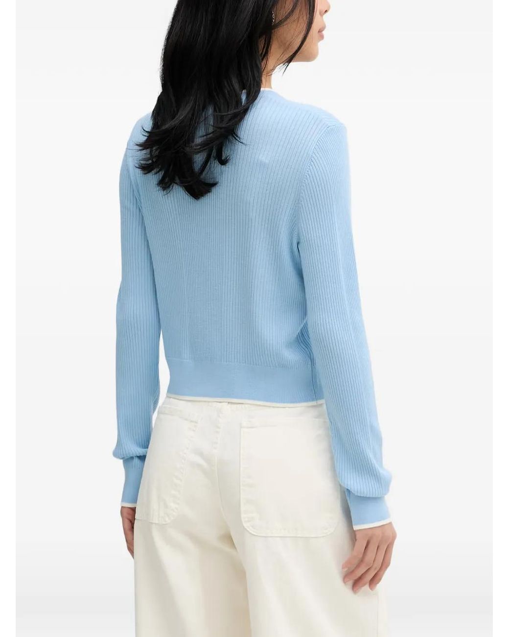 From Future Blue Ribbed-Knit Contrast-Trim Cardigan