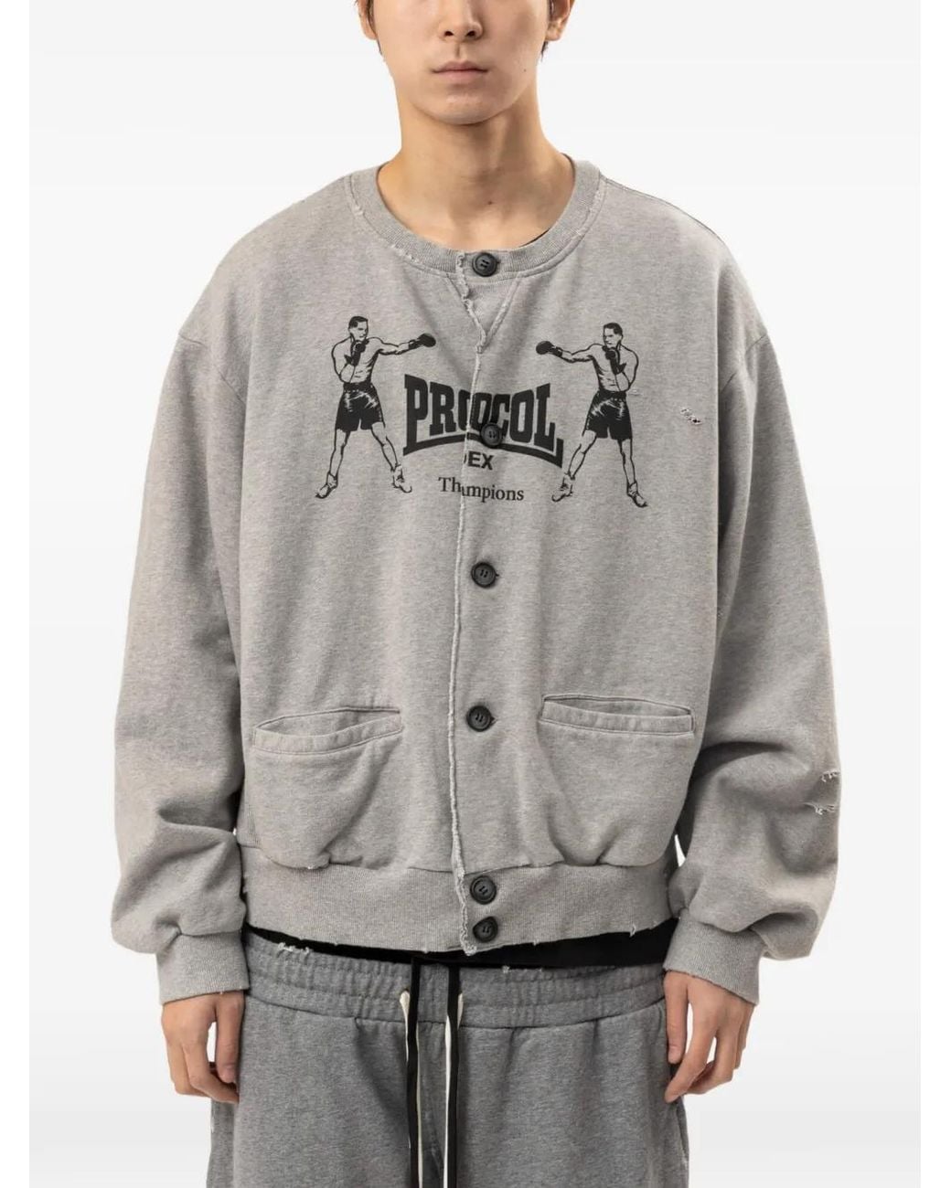 Protocol Index Gray Graphic-Print Button-Up Sweatshirt for men