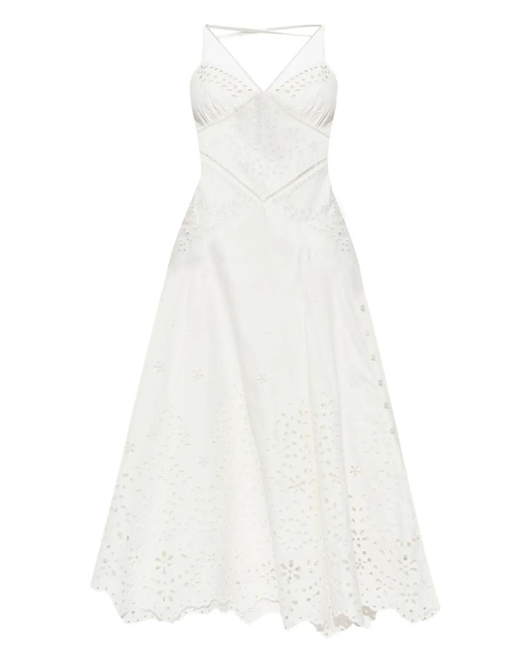 Self-Portrait White Strap Dress With Leaf Embroidery