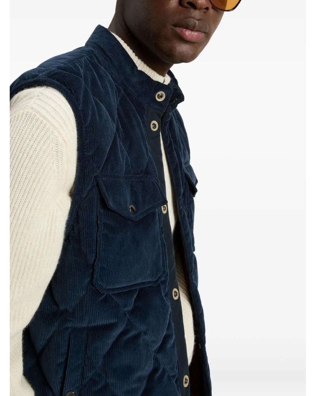 Woolrich Blue Quilted Corduroy Jacket With Stand Collar for men