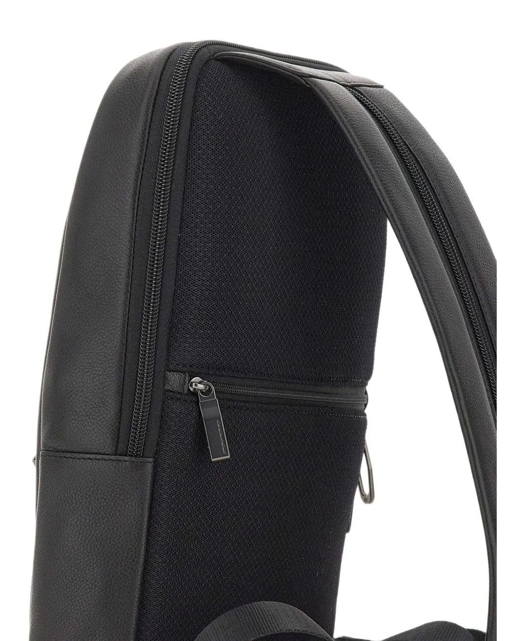 Piquadro Black Grained Leather Convertible Sling Bag for men