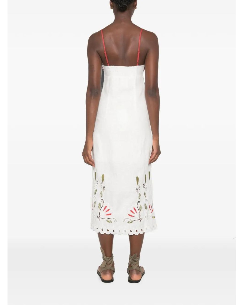 Farm Rio White Richelieur Embroidered Scallop-Edge Midi Dress