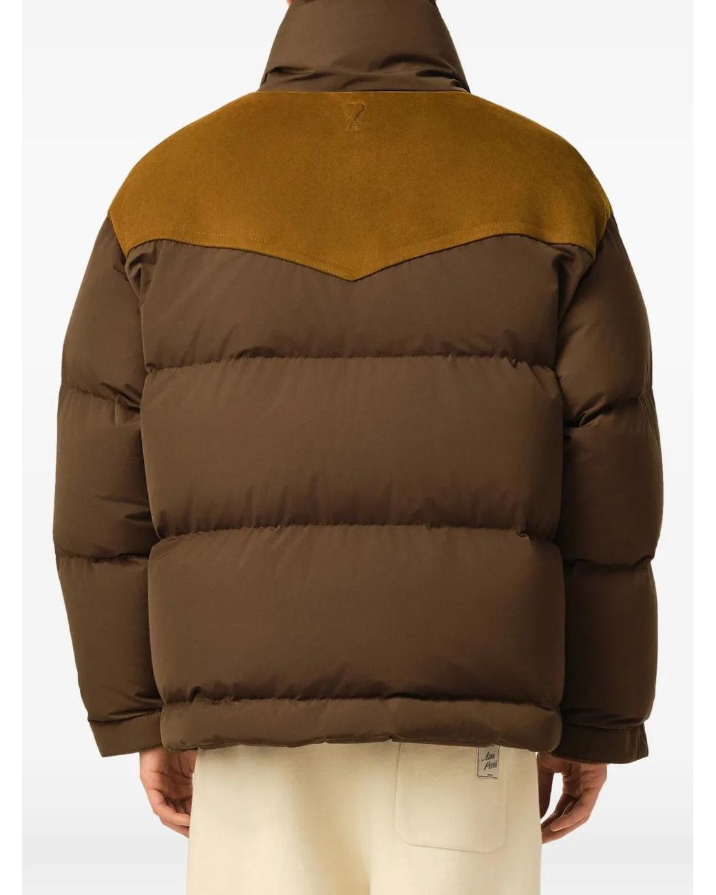 AMI Brown Nylon And Cotton Down Jacket With Leather Panels