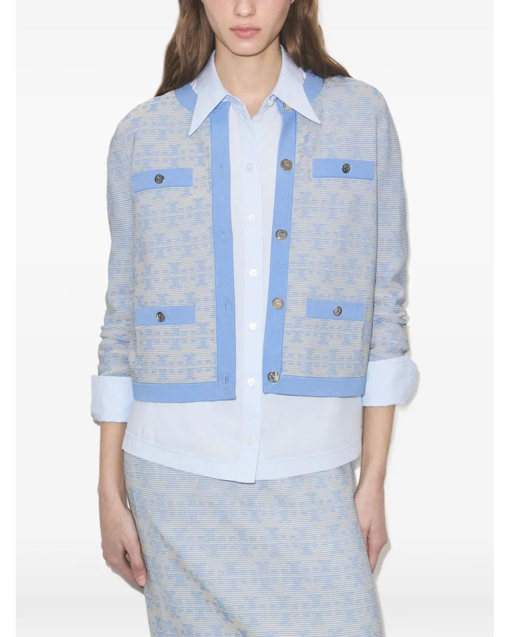 Tory Burch Blue Kendra Monogram-Pattern Cardigan