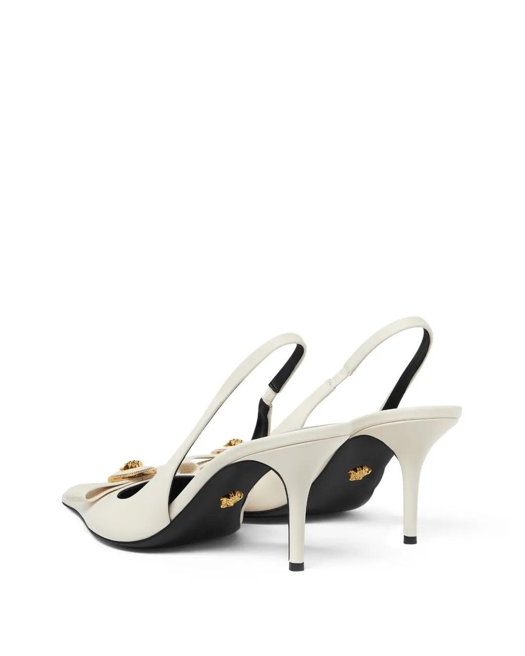 Versace White Pointed Toe Slingback Heels With Textured Bow And Medallion