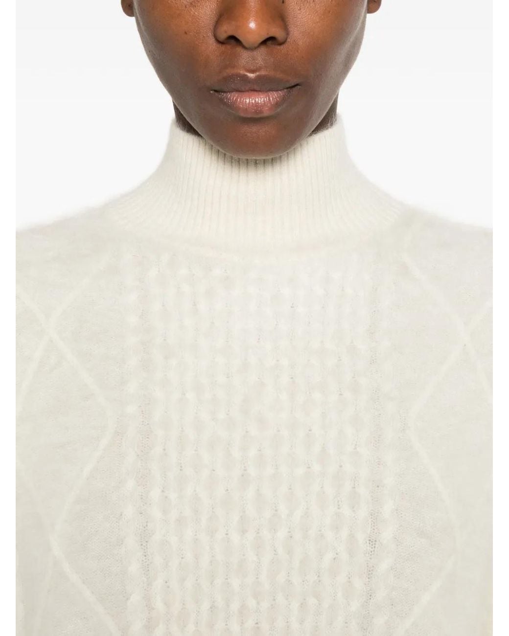 SOLOCASCMIR White Cable-Knit High-Neck Sweater