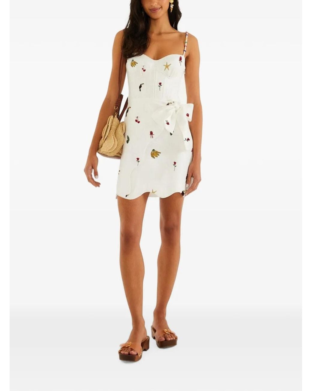 Farm Rio White Cool Day Embroidered Beaded Mini Dress
