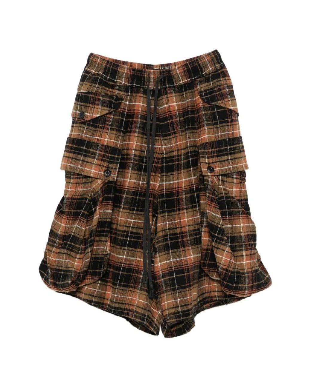 R13 Brown Check-Pattern Cargo Shorts