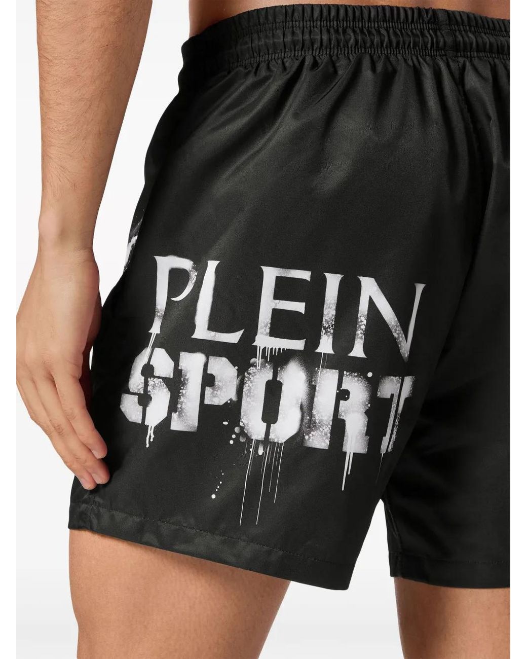 Philipp Plein Black Spray Logo Print Swim Shorts for men