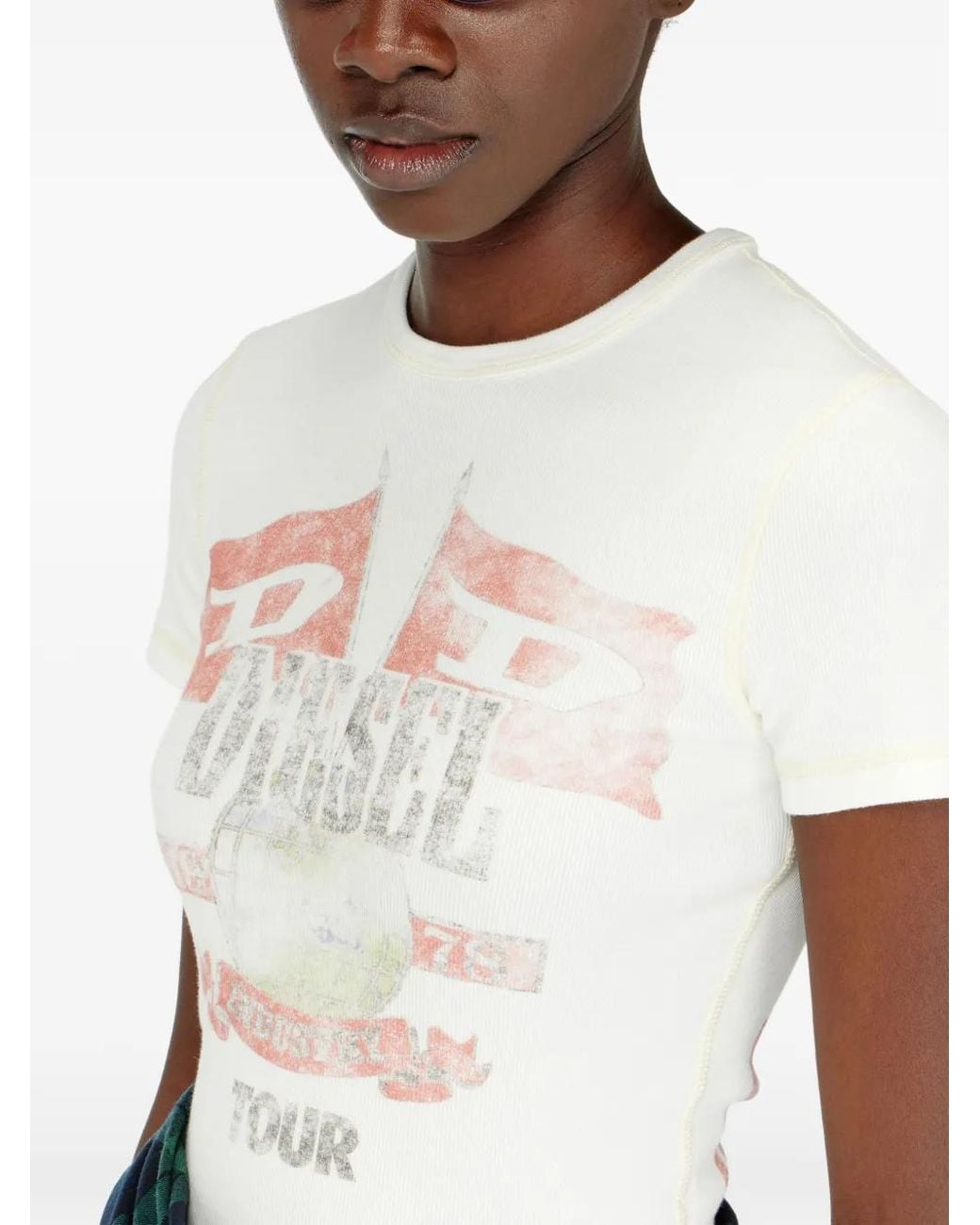 DIESEL White Ribbed T-Shirt With Concert Graphics