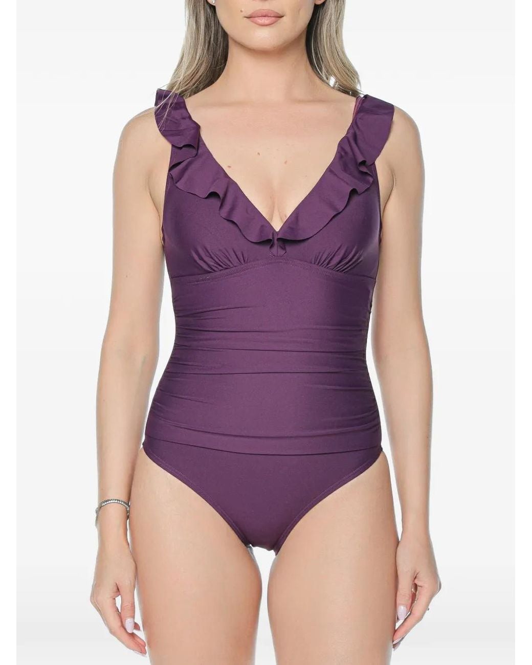 DKNY Purple Ruffled V-Neck Swimsuit