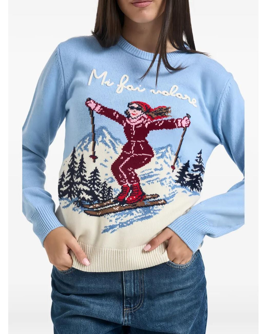 Mc2 Saint Barth Blue Light- New Queen Crewneck Knit With Mi Fai Volare Embroidery Sweater