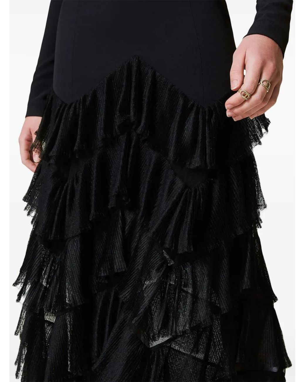 Twinset Black Pleated Tulle Flounces Maxi Dress