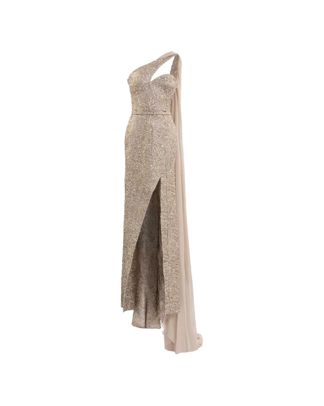 Saiid Kobeisy White Asymmetrical Brocade Maxi Dress