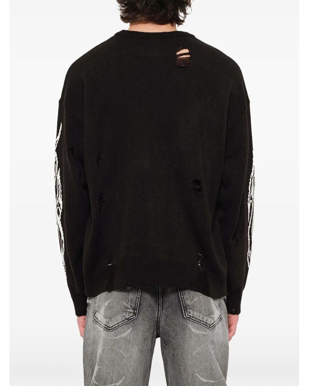 THUG CLUB Black Chrome Skull Distressed-Knit Sweater for men