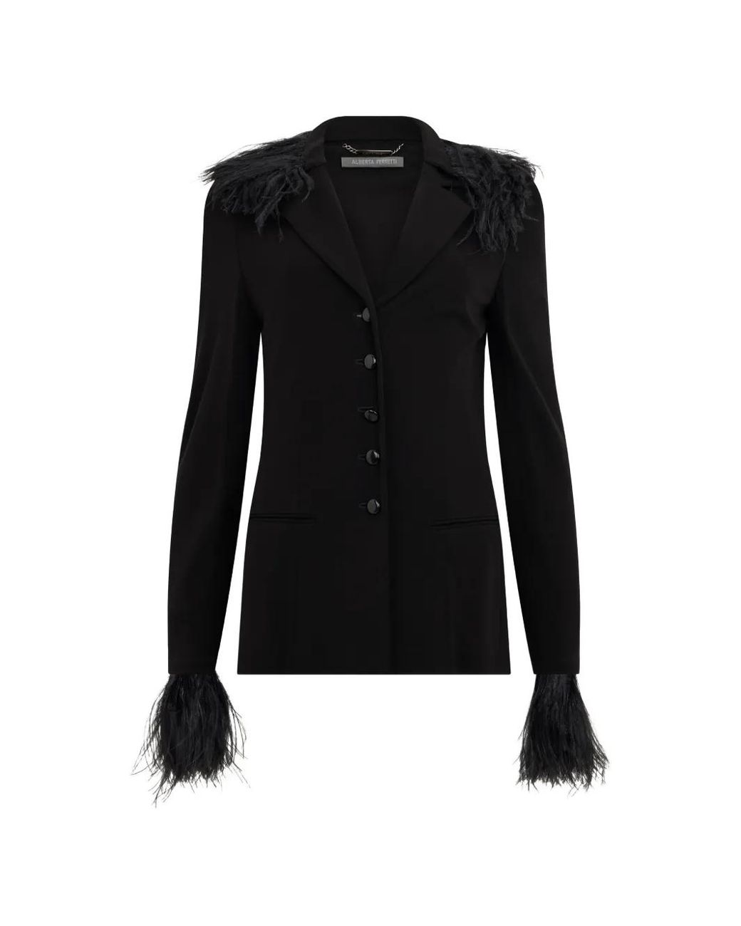 Alberta Ferretti Black Feather-Trim Lapel-Neck Blazer