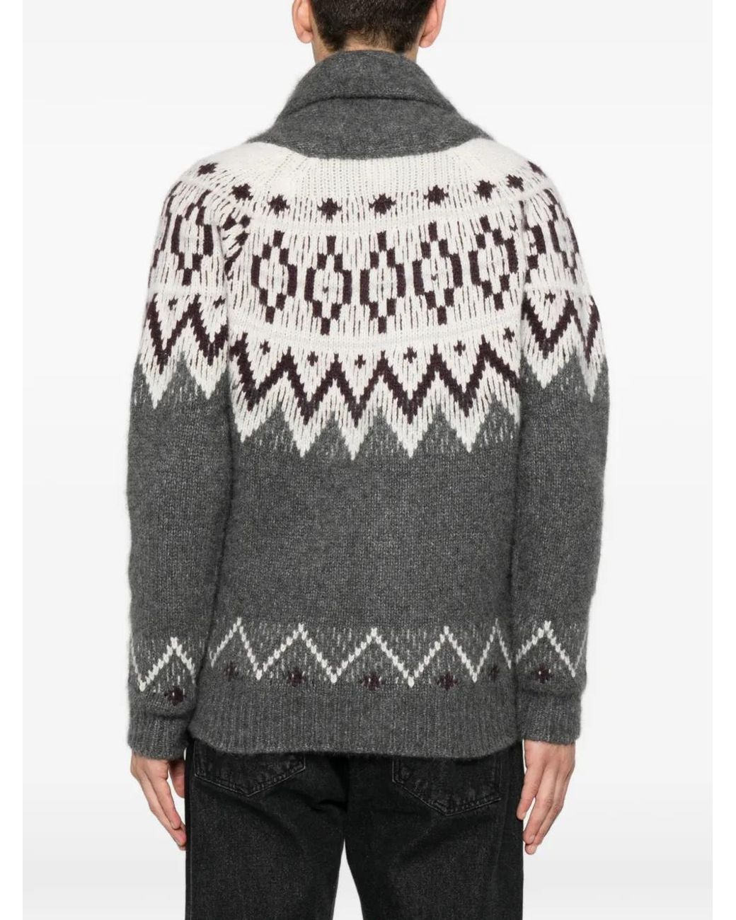 Eleventy Gray Fair Isle Shawl-Collar Cardigan for men
