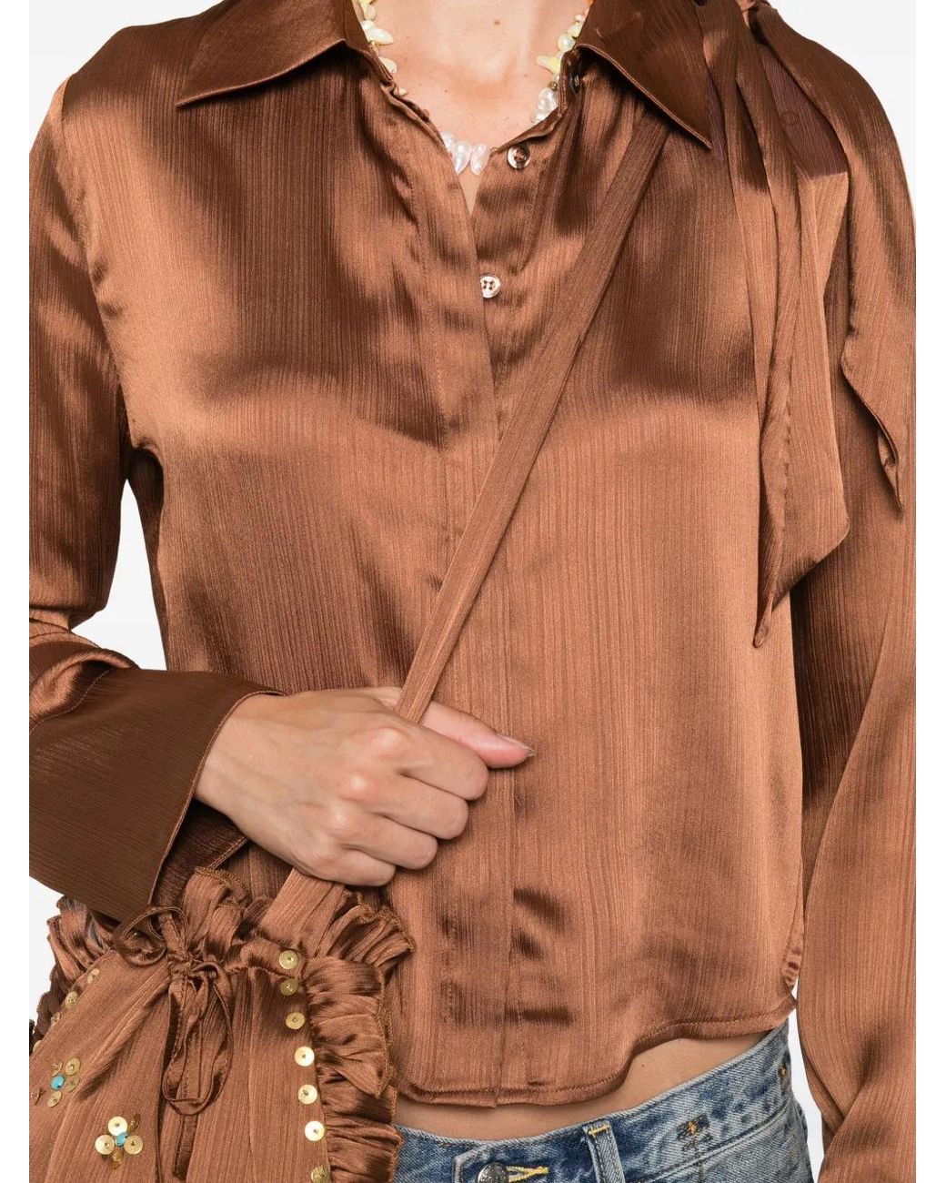 Siedres Brown Pointed-Collar Buttoned Blouse