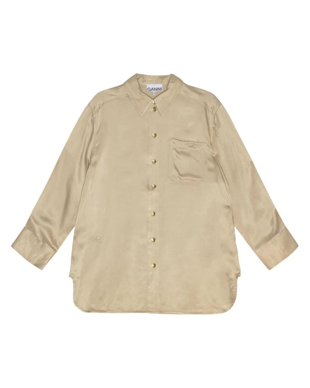 Ganni Natural Long-Sleeve Satin Shirt