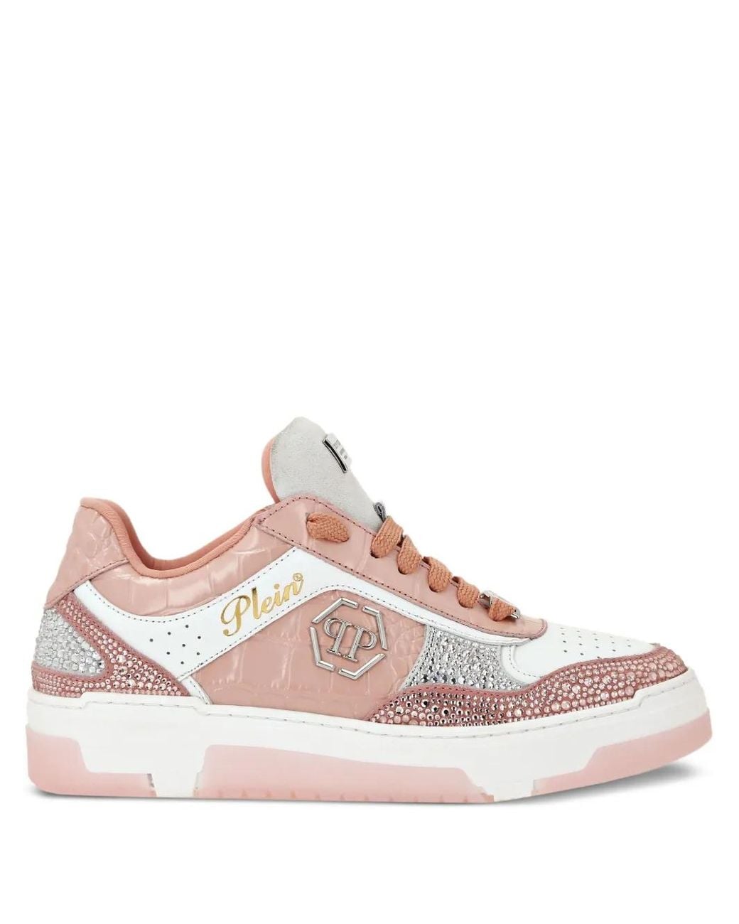 Philipp Plein Pink Crocodile-Embossed Crystal-Embellished Sneakers