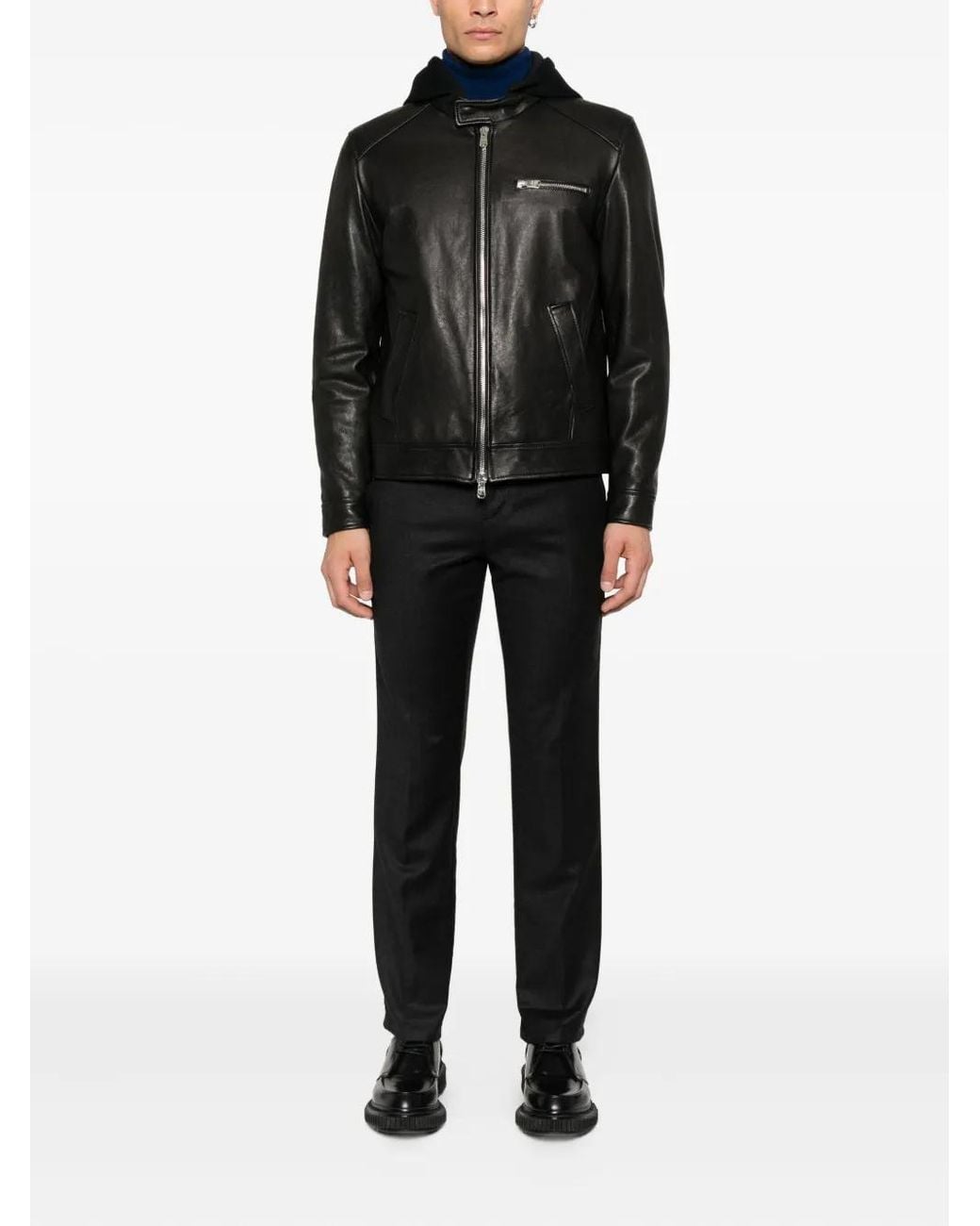 Dondup Black Hooded Leather Jacket for men