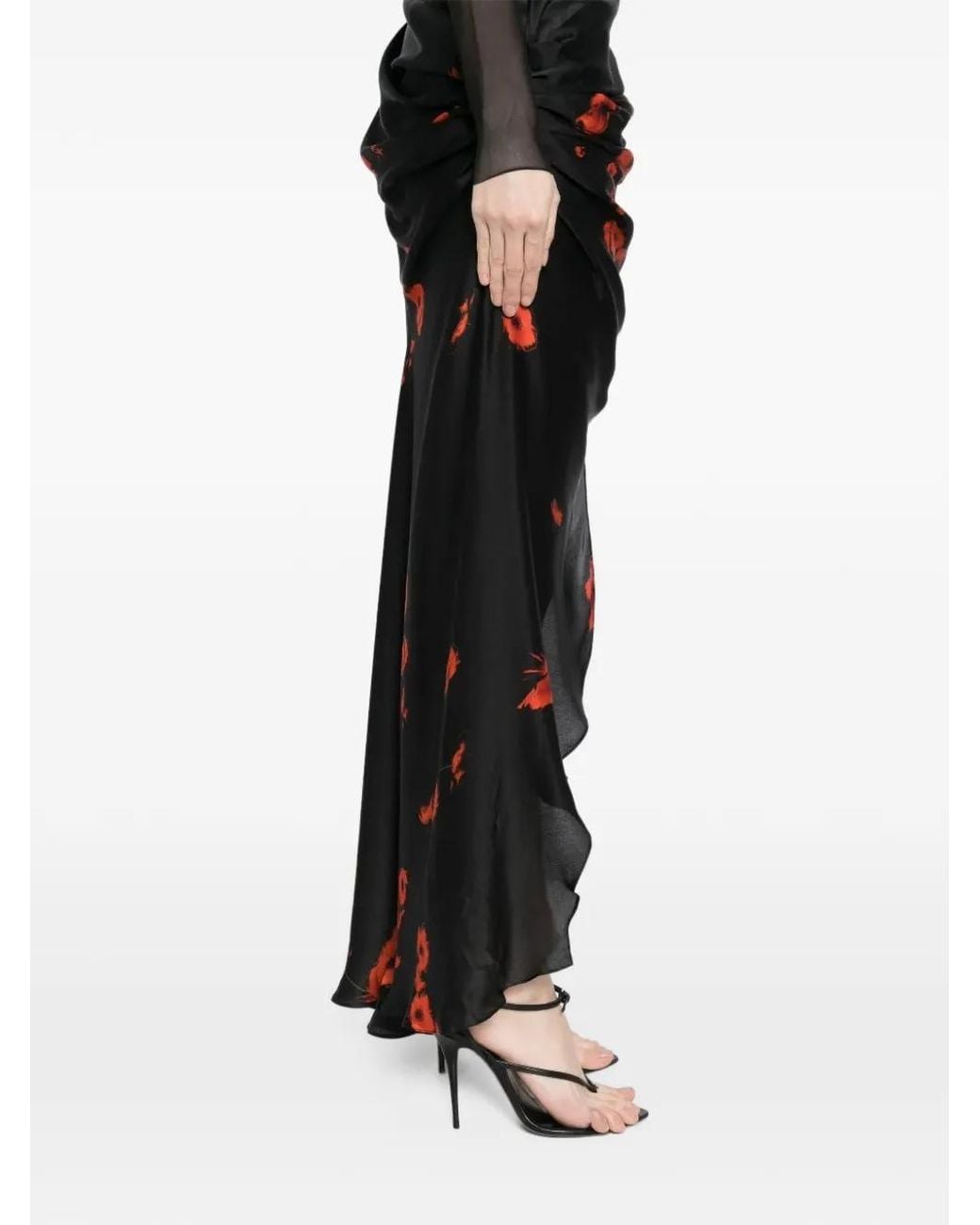 Tessitura Black Poppies-Print Draped Maxi Dress
