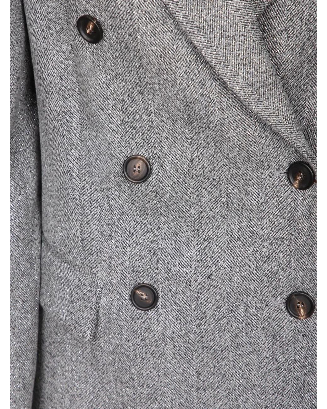 Brunello Cucinelli Gray Double-Breasted Herringbone-Pattern Blazer