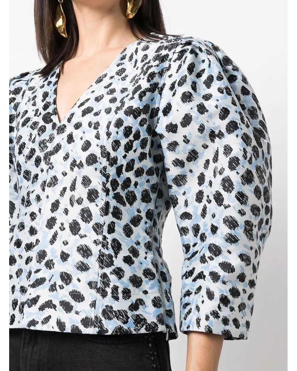 Ganni Blue Leopard-Print Puff-Sleeve Top