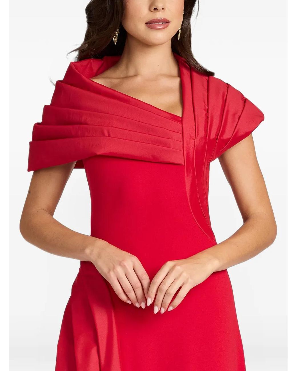 Tadashi Shoji Red Pleated Off-Shoulder Maxi Dress
