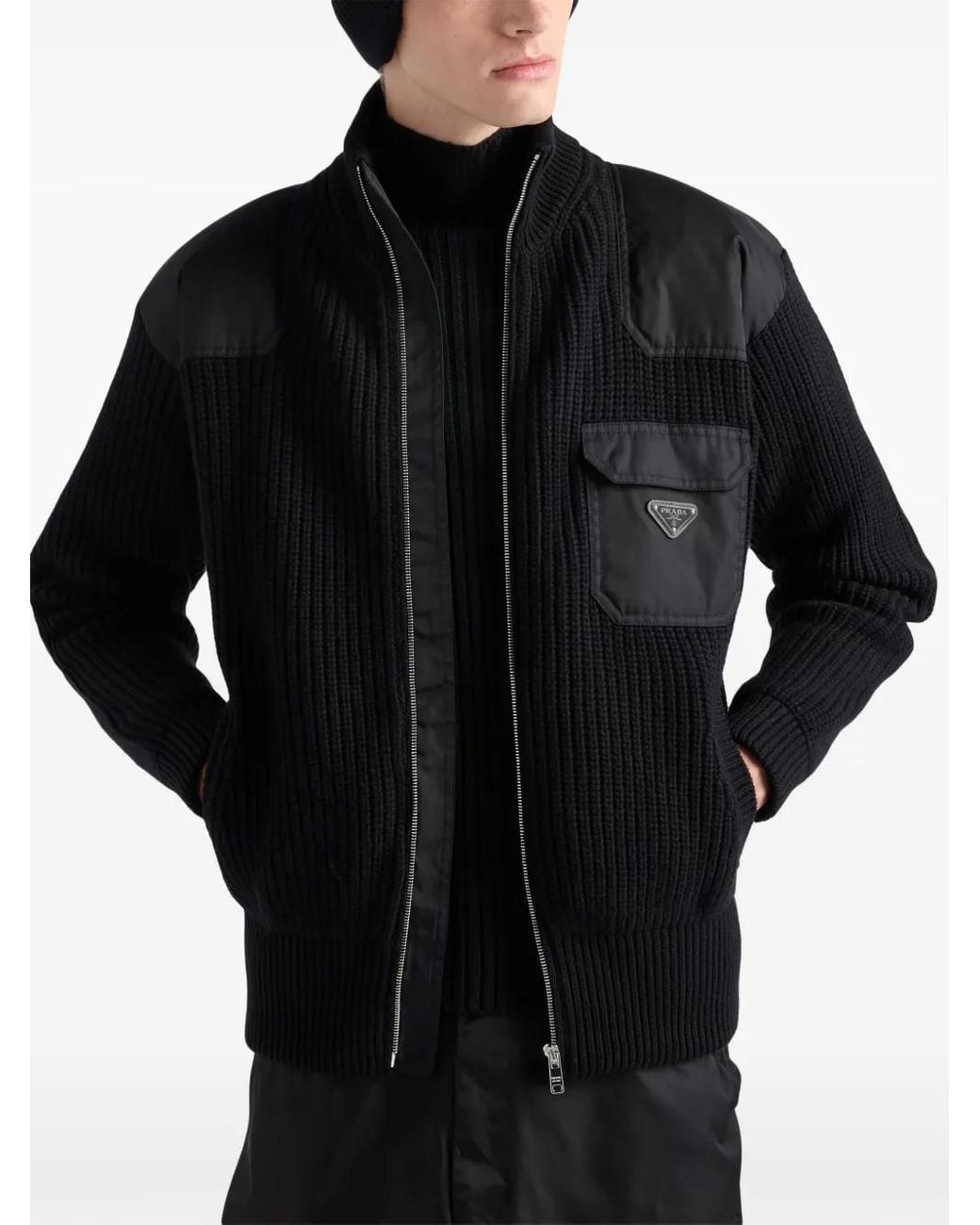 Prada Black Zip-Up Ribbed Knit Cardigan for men