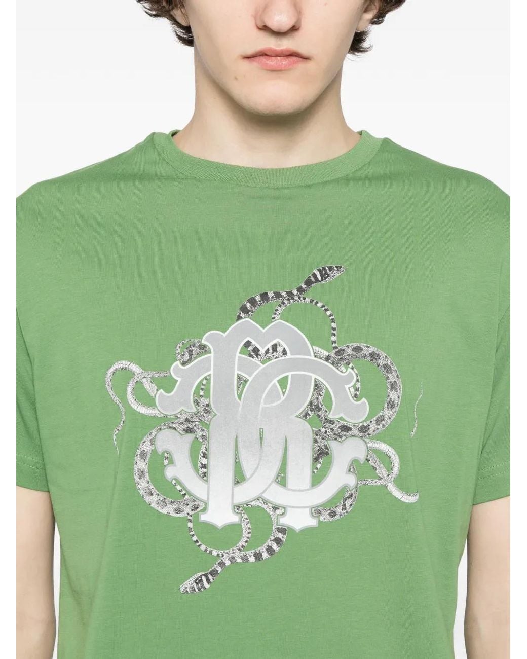 Roberto Cavalli Green Graphic-Print Cotton T-Shirt for men