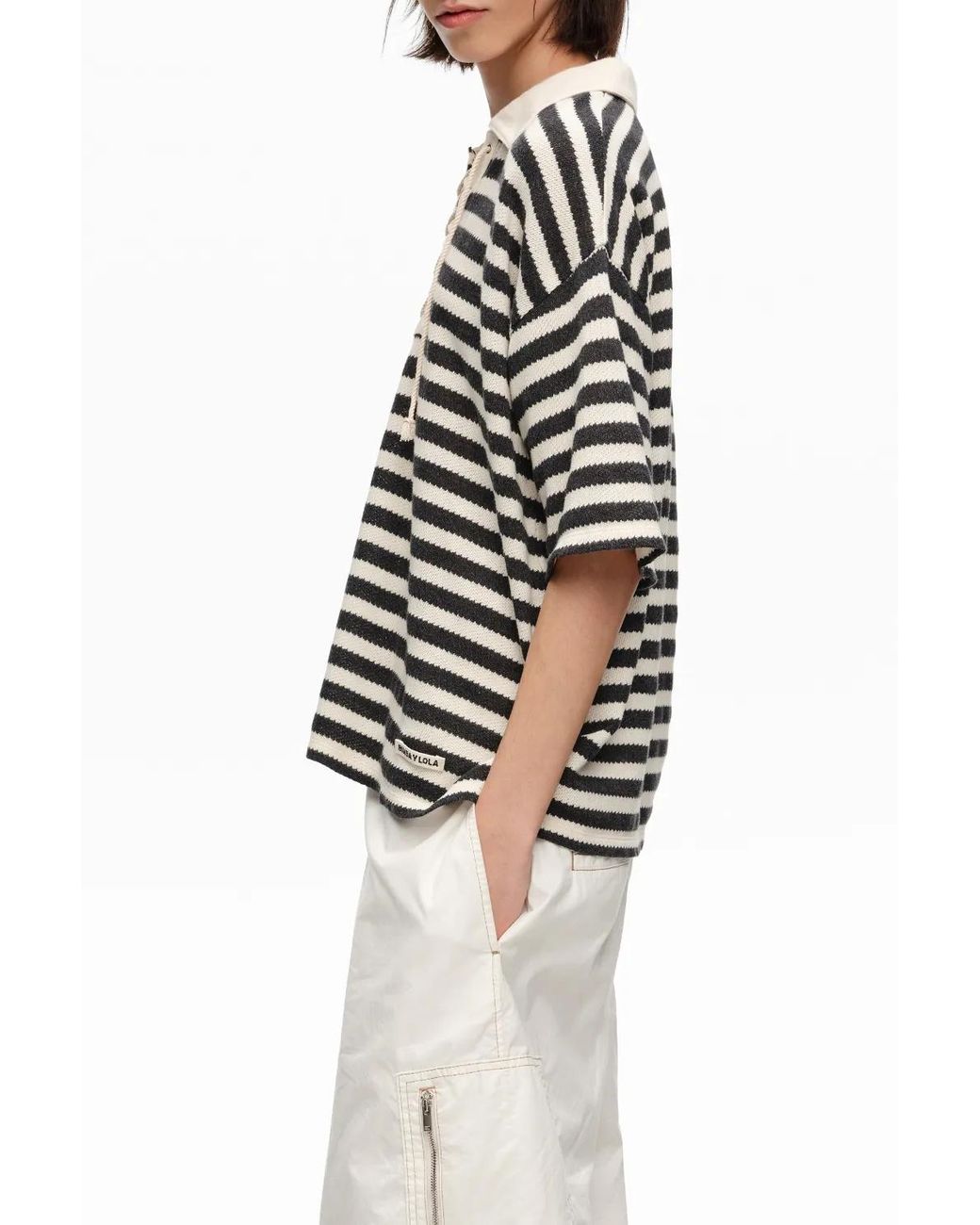Bimba Y Lola Black Striped T-Shirt With Adjustable Polo Shirt Collar