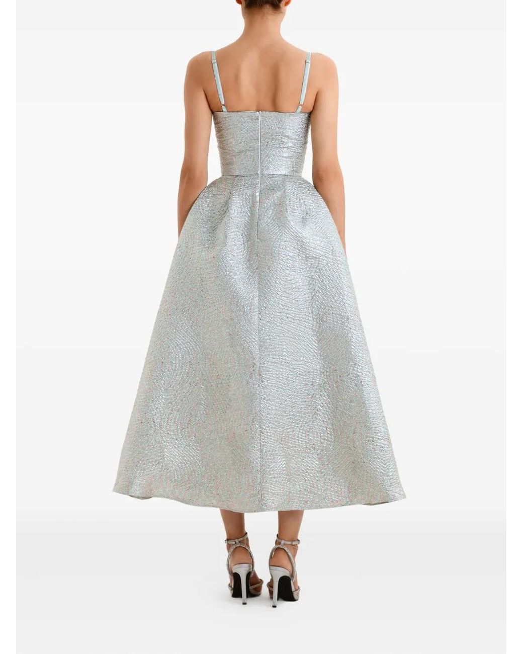 POST MERIDIEM Blue Jacquard Fitted Corset Midi Dress