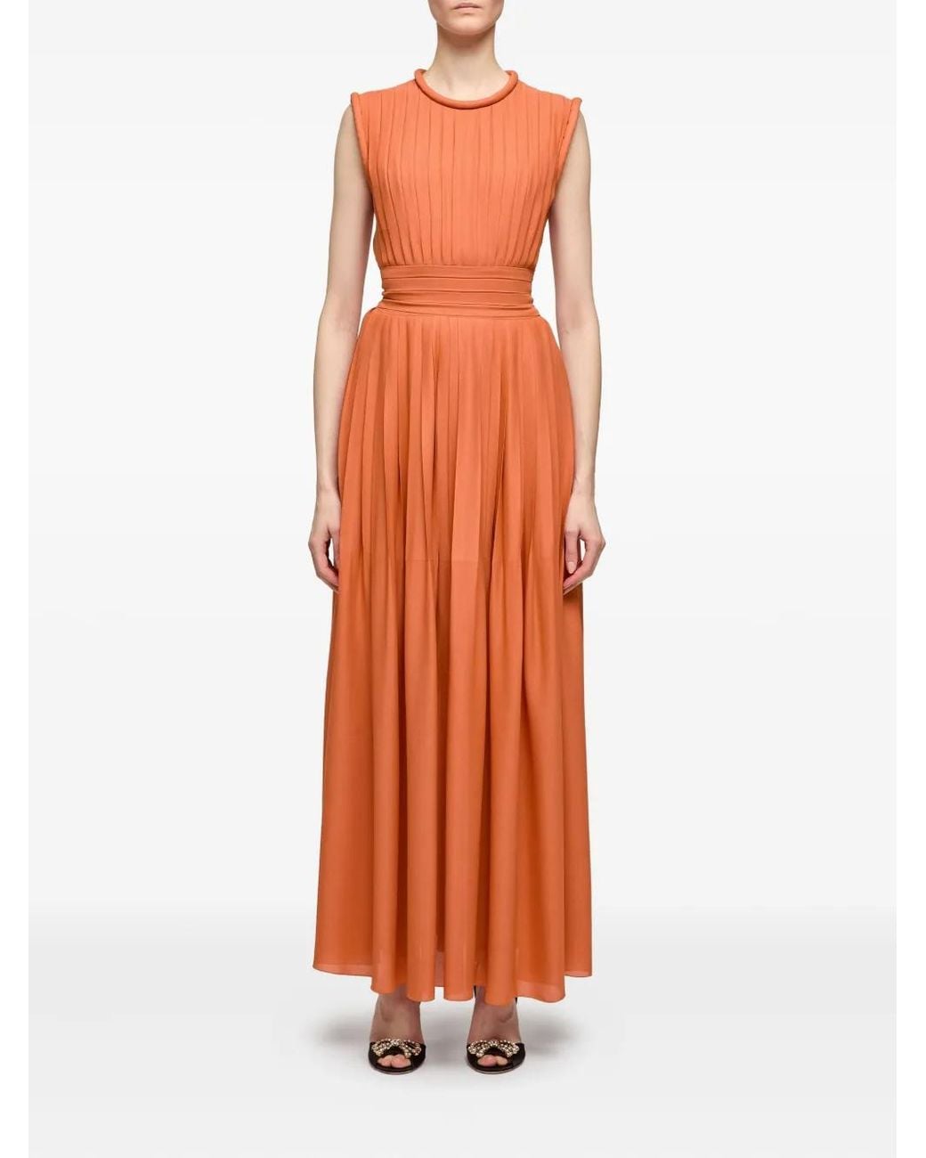 Giambattista Valli Orange Pleated Sleeveless Dress