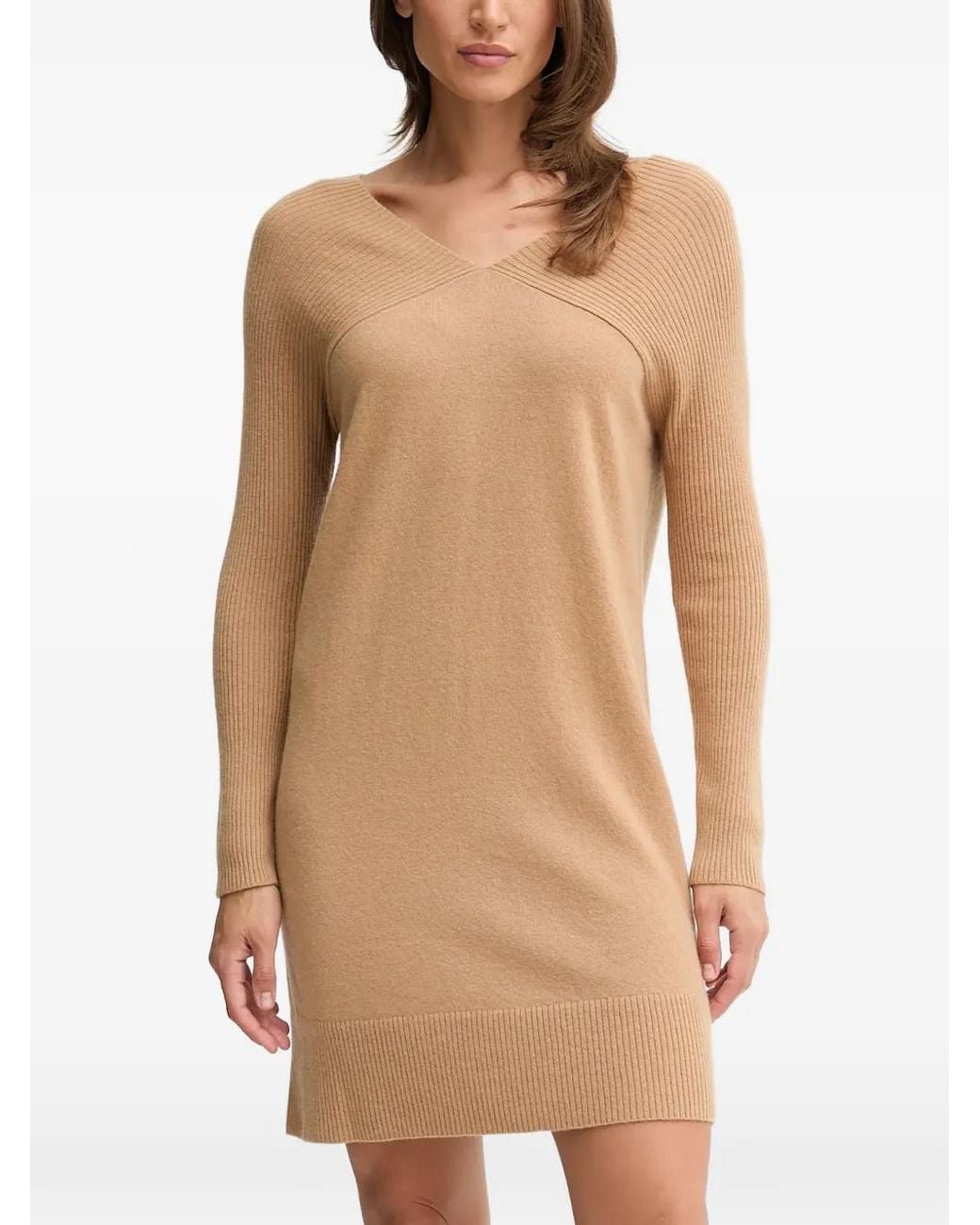 Benetton Natural Ribbed V-Neck Mini Dress