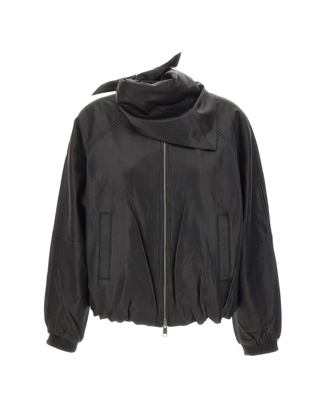 Herskind Black Yvette Scarf-Detail Leather Bomber Jacket