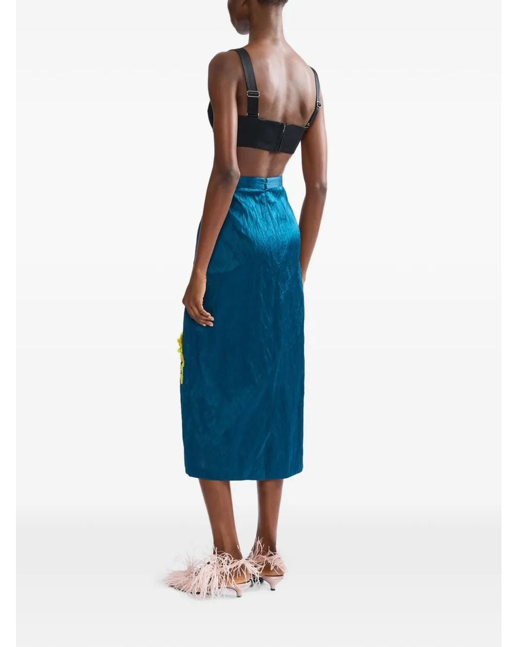 Erdem Blue Embroidered Textured-Satin Midi Skirt
